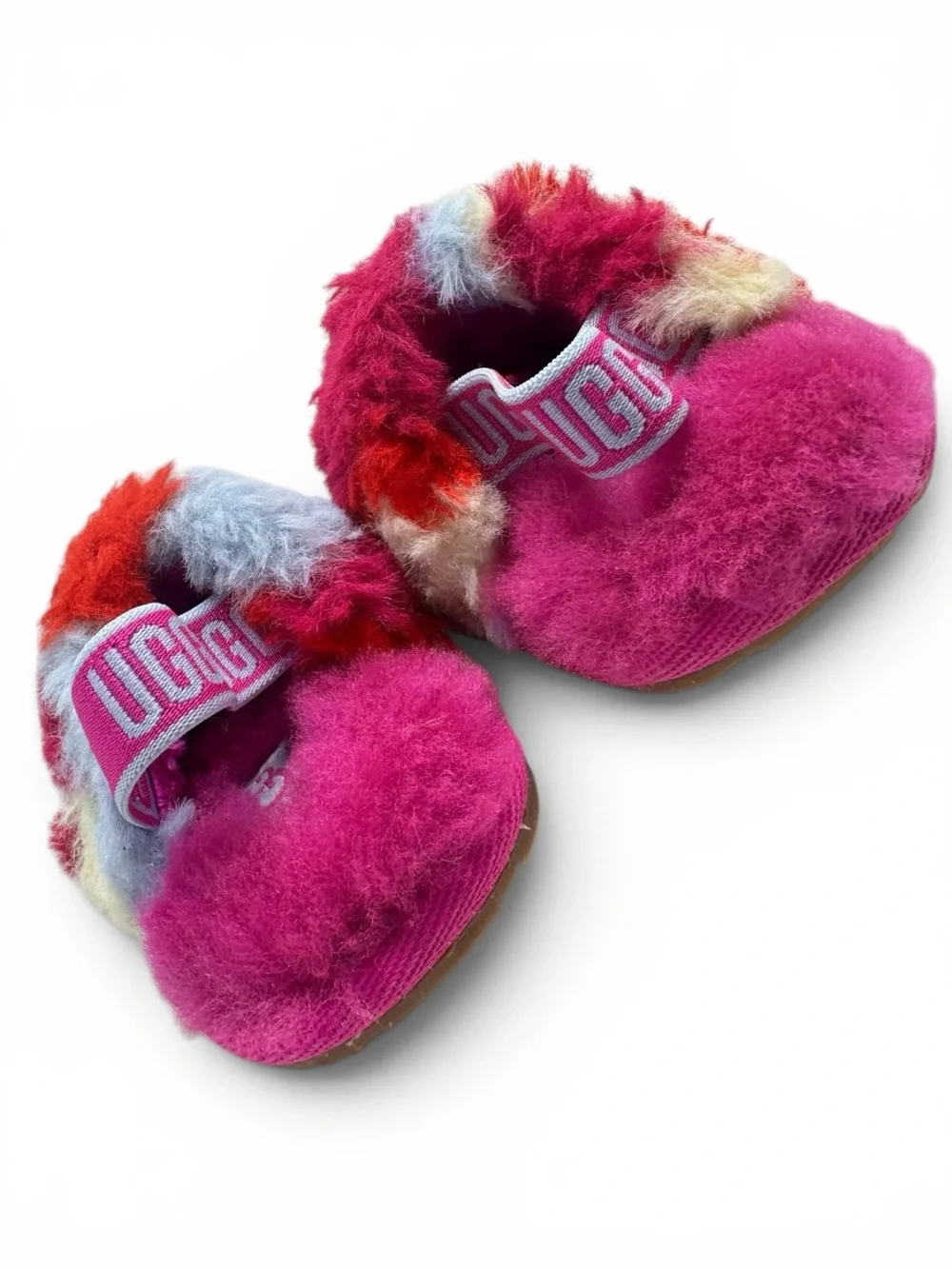 UGG Fluff Yeah Baby Girl Multi Color Fuzzy Slingback Slippers Newborn Rare EUC
